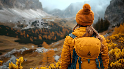 Woman in a yellow jacket and beanie, looking at mountains.