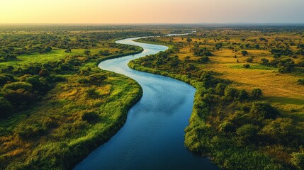Obraz premium Aerial View of River Winding Through Lush Green Landscape
