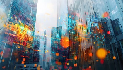 Abstract Cityscape with Blurred Lights and Glass Reflections