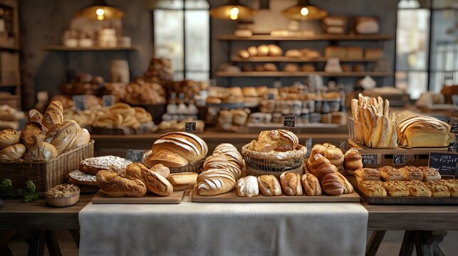 A vintage bakery table with 3D-rendered freshly baked organic bread and pastries