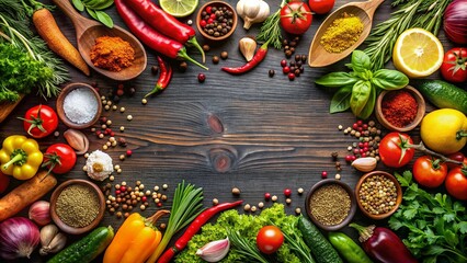 Colorful border of fresh vegetables and spices with copy space in the center