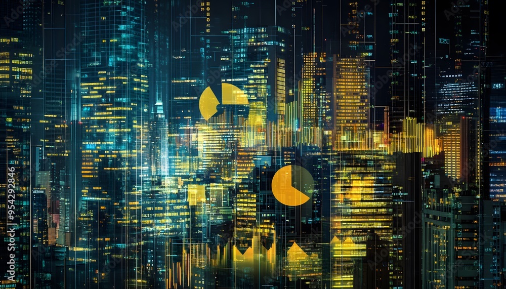Poster nighttime cityscape with overlapping data visualizations