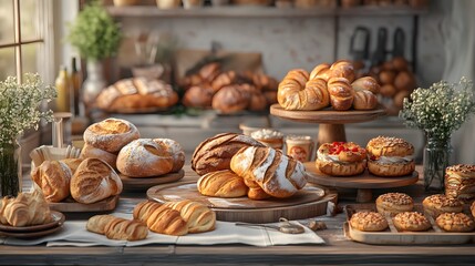 A vintage bakery table with 3D-rendered freshly baked organic bread and pastries