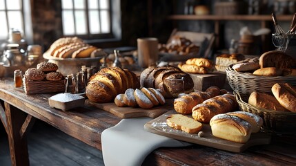 A vintage bakery table with 3D-rendered freshly baked organic bread and pastries