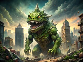 Fototapeta premium A whimsical illustration of a green, scaly, giant monster with large eyes and sharp teeth, standing in front of a cityscape with destroyed buildings.