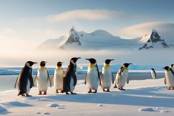 Obraz premium A serene panorama featuring a group of penguin