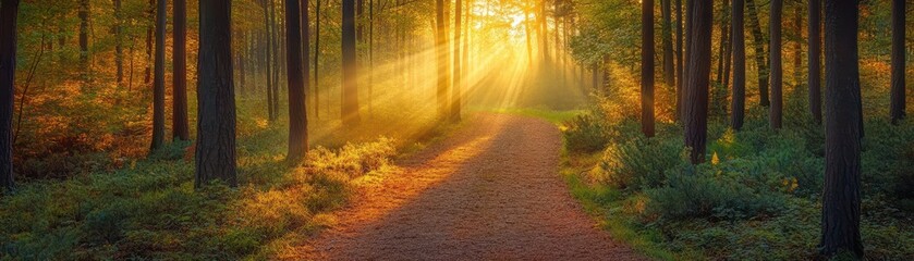 A serene forest pathway illuminated by golden sunlight filtering through lush trees, inviting tranquility and exploration.