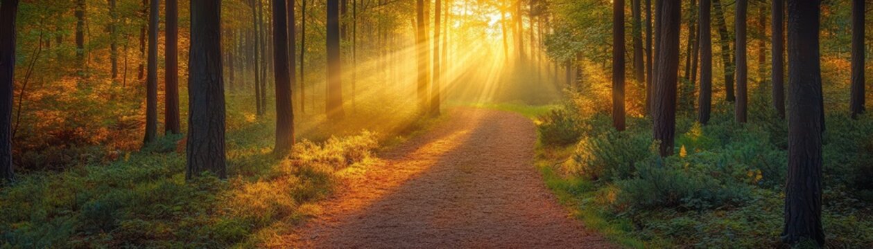 A serene forest pathway illuminated by golden sunlight filtering through lush trees, inviting tranquility and exploration.