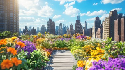 Rooftop Garden in Full Bloom with a Variety of Flowers Overlooking the City Skyline