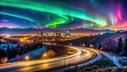 Vibrant aurora borealis lights up the night sky above the Rocky Mountains as a winding road leads from Aurora to downtown Denver, Colorado's bustling cityscape.