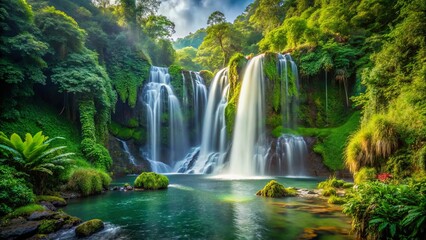 Naklejka premium A stunning image of a beautiful waterfall surrounded by lush greenery, showcasing the majestic power of nature