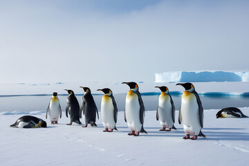 A serene scene of emperor penguin standing on sea site