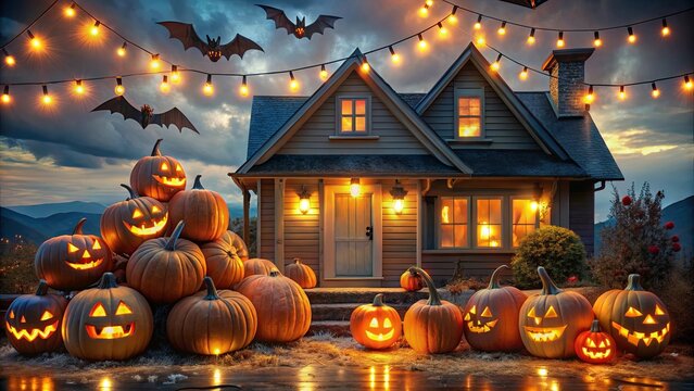 Charming Halloween house adorned with jack o lanterns, bats, and festive lights, evoking playful spookiness