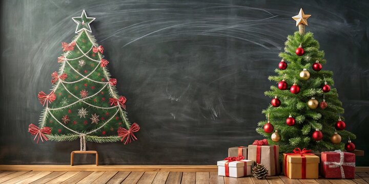 Christmas gifts under chalkboard tree with drawn Christmas tree and wrapped presents, representing joy and holiday cheer - Powered by Adobe