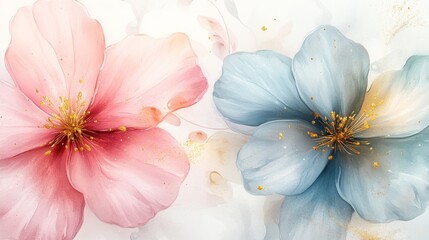 Abstract Watercolor Painting of Two Flowers with Gold Accents