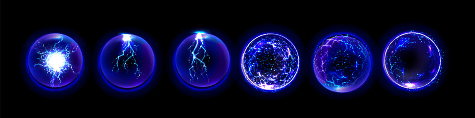 Powerful plasma spheres with electric discharge. Vector isolated energy balls with bolts and lightning in core. Magical realistic effect with blast and glowing, current of electricity inside
