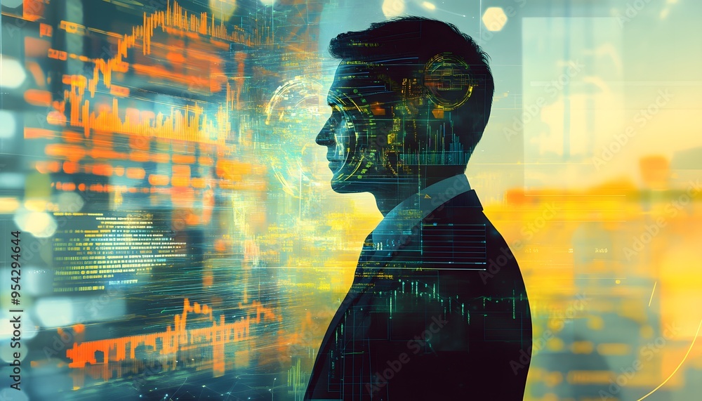 Poster silhouette of a man with digital overlay and data visualization