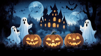  illustration of a Halloween background with a haunted house, pumpkins, and ghosts in a flat design style. Cartoon vector illustration for Halloween decoration in a night forest. Flat cartoon il