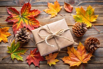 Fototapeta premium Vibrant autumn leaves surround a blank gift card, adorned with a pinecone and twine, against a rustic wooden
