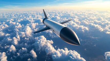 Sleek and aerodynamic, this modern glide bomb soars through clouds, showcasing advanced design and technology.