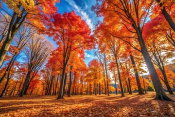 Vibrant autumn red maple trees stand tall amidst a blanket of golden leaves and crunchy brown forest floor,