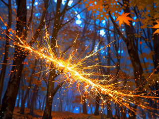 Naklejka premium abstract Neon blurred abstract photo of light burst among trees and autumn glitter golden bokeh lights