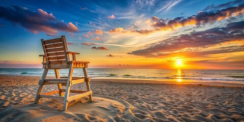 A serene beach scene with a wooden chair, sunset over the ocean, and a lifeguard tower in the distance
