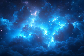 Obraz premium Blue lightning strikes black background, neon, Abstract blue lightning strikes fantasy background