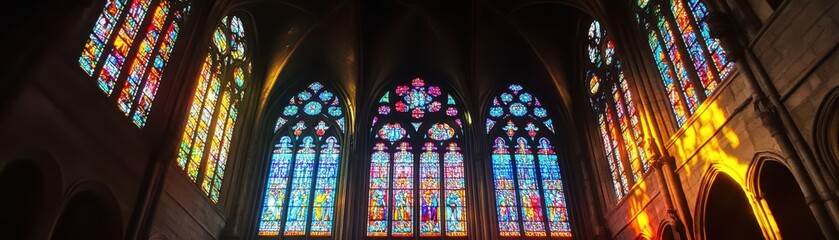 Fototapeta premium A stunning interior view of a cathedral featuring vibrant stained glass windows that illuminate the space with colorful light.