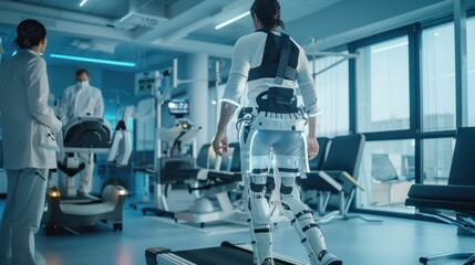 Patient perform physical therapy wearing a sophisticated exoskeleton robot. AI generated image