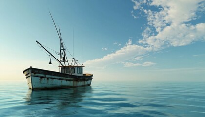 Obraz premium Commercial company fishing ship in ocean professional fisherman and blue sky