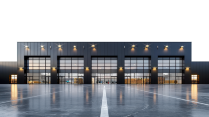 Advanced warehouse building exterior,  minimalistic design, transparent background