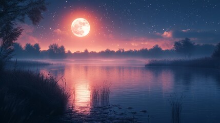 Fototapeta premium Tranquil Lake Under Full Moon and Starry Night Sky