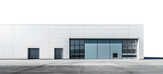 Contemporary warehouse facade, minimalist and clean on transparent background