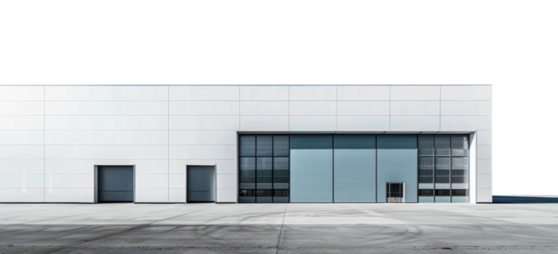 Contemporary warehouse facade, minimalist and clean on transparent background