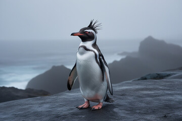 Fototapeta premium A solitary rockshopper penguin stands proudly on rock