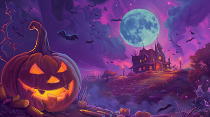 Colorful Halloween night with glowing jack-o'-lanterns, haunted castle, and vibrant sky