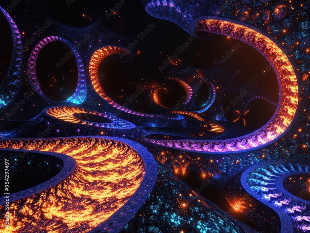 Poster a vibrant abstract tunnel design with glowing curves in vivid colors, creating a mesmerizing visual 