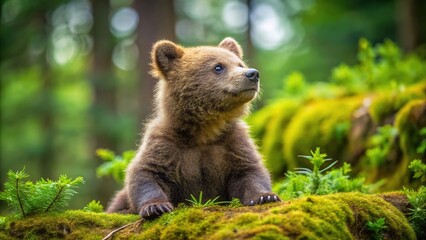 Obraz premium Adorable brown bear cub sits alone on a moss-covered forest floor, curiously sniffs the air, and showcases innocence and cuteness in the wild.