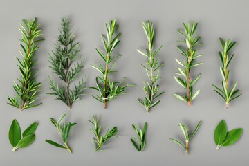 Fototapeta premium Fresh rosemary twigs and green leaves for culinary garnish on a neutral gray background