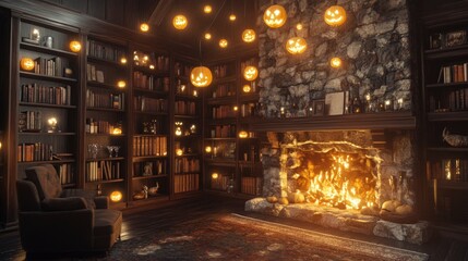 Rustic study with a stone fireplace and built-in bookshelves, its decor enhanced by glowing.