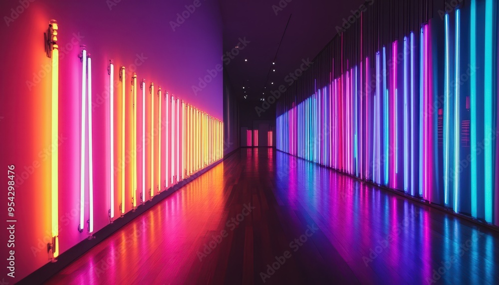 Poster a vibrant corridor illuminated by colorful fluorescent lights, creating a dazzling visual effect wit
