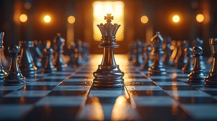 A chess queen stands tall on the board, illuminated by warm and inviting lights.