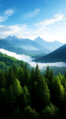 Breathtaking mountain landscape with lush green forests and misty valleys under a bright blue sky.