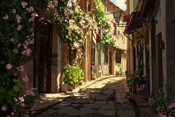 Fototapeta premium Exploring a tranquil, narrow street lined with blooming flowers and ivy-covered walls. Cozy vibe, Generative AI 