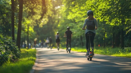 Obraz premium People Riding Electric Scooters on a Scenic Tree-Lined Path in a Sunny Park