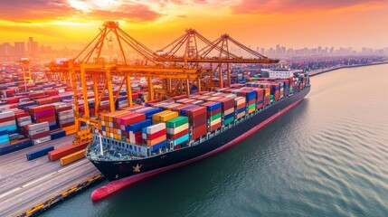 Naklejka premium A bustling container ship loaded with colorful shipping containers is docked at port during sunset, showcasing vibrant colors and industrial activity.