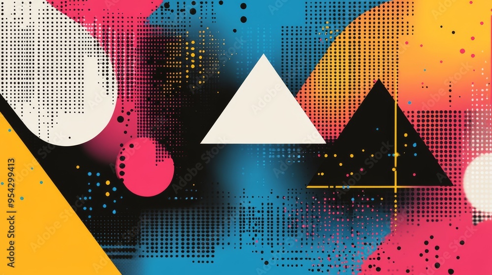 Poster abstract geometric design with halftone patterns and vibrant colors