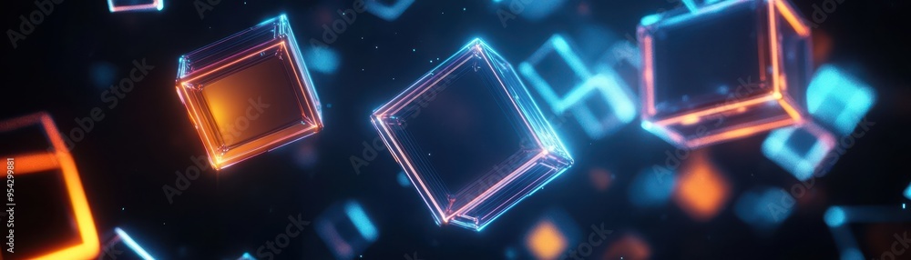 Poster abstract digital cubes in vibrant neon colors, creating a futuristic and dynamic atmosphere. ideal f