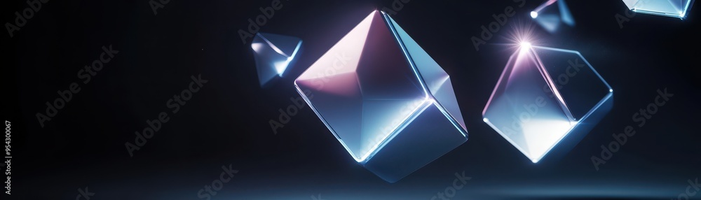 Poster Abstract floating cubes create a dynamic visual effect, illuminated with soft light against a dark background, emphasizing depth.